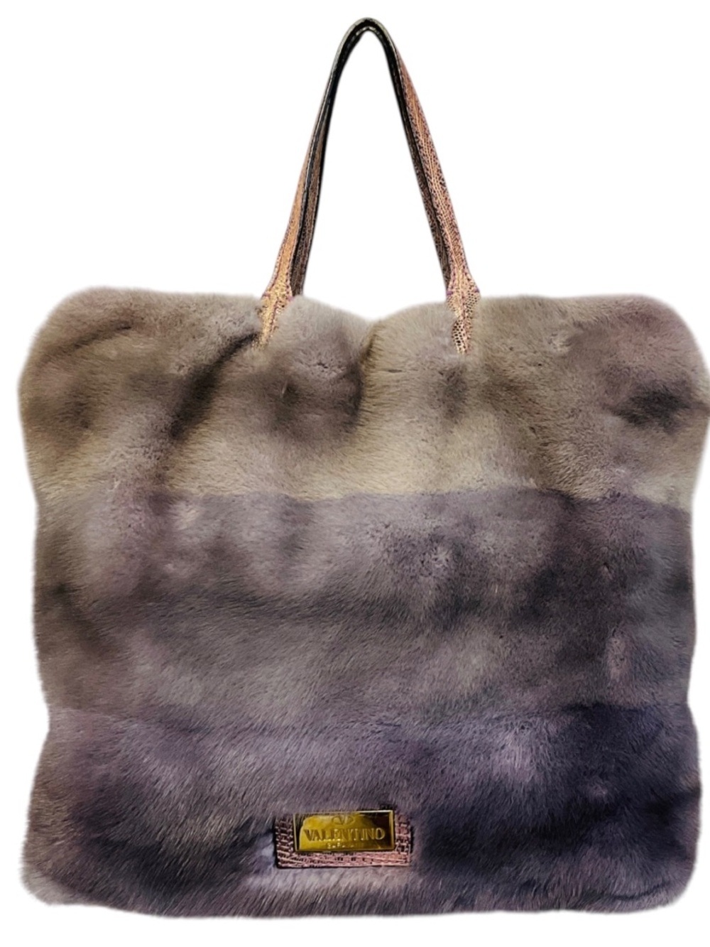 VALENTINO LILAC OMBRE EFFECT MINK FUR TOTE HANDBAG WITH SHOULDER STRAP AND EMBOS